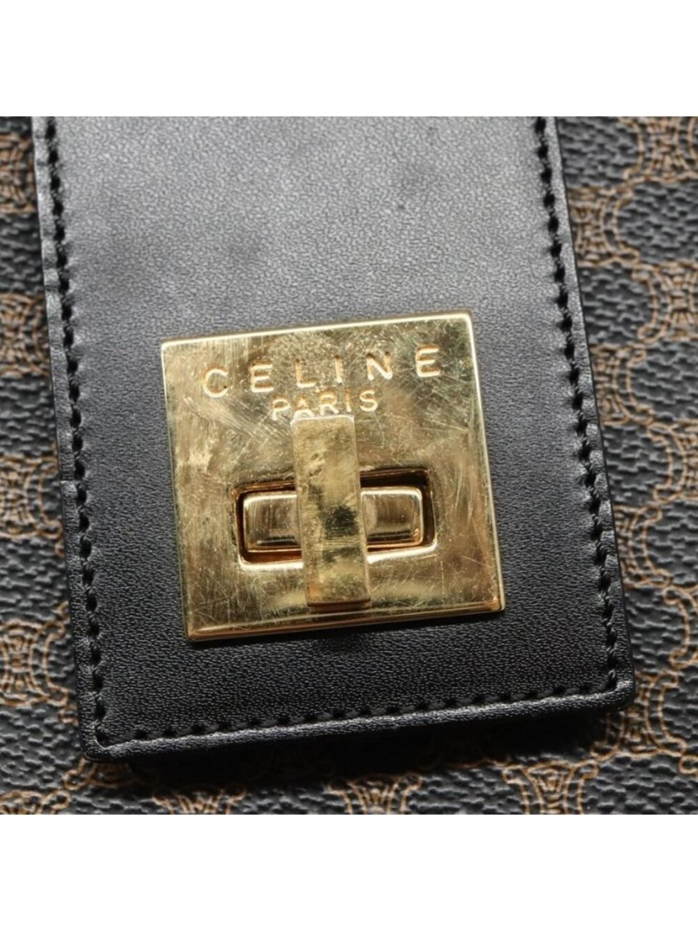 Authentic CELINE Macadam Canvas Shoulder Bag PVC Leather Black Gold - Picture 16 of 16